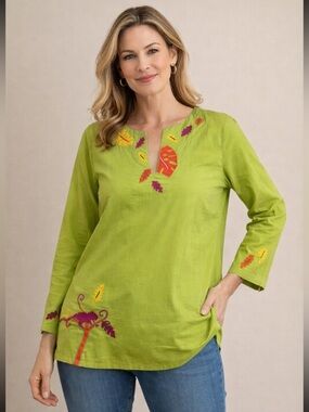 Michael Simon XL Lime‎ Embroidered Chameleon Top NWT